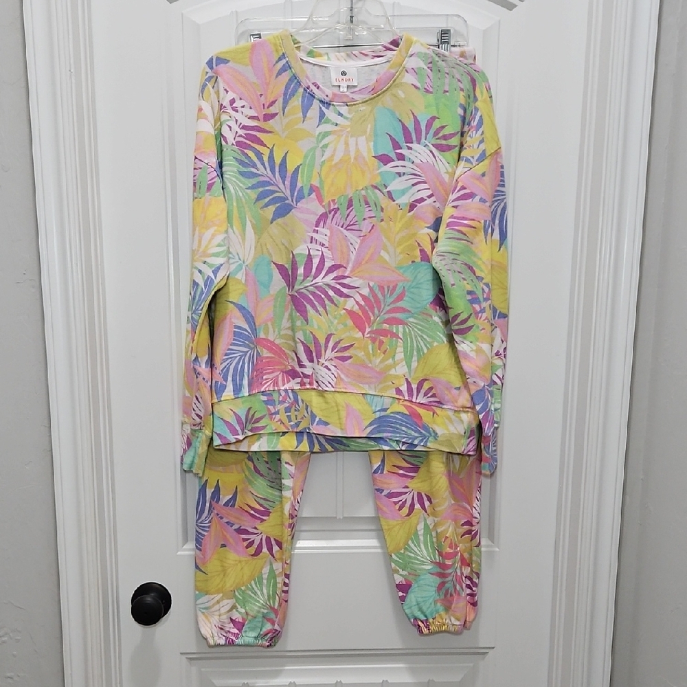 Sundry Pastel Tropical Leaf Print Pajama Set